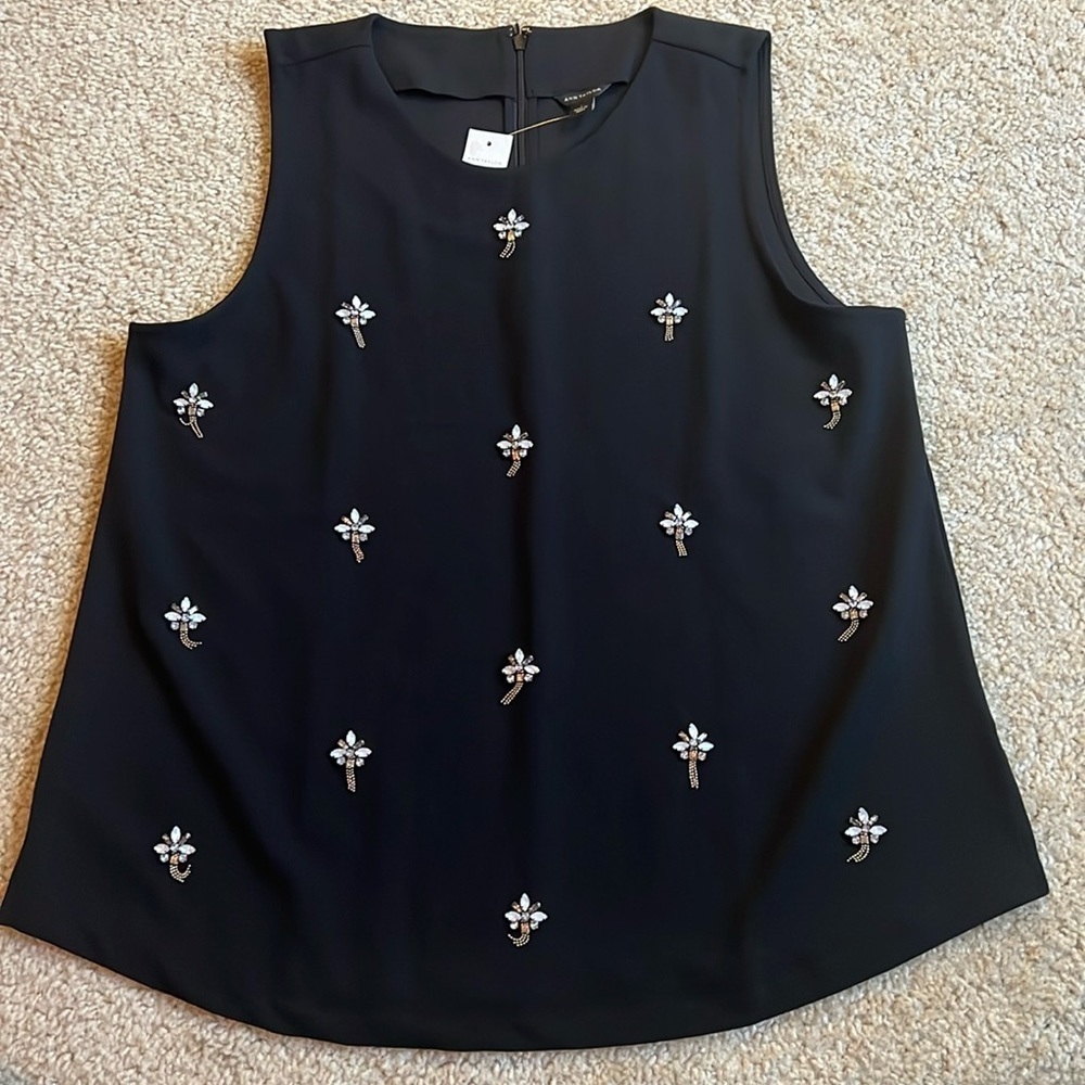 New Ann Taylor sleeveless rhinestone beaded tank black size large top
